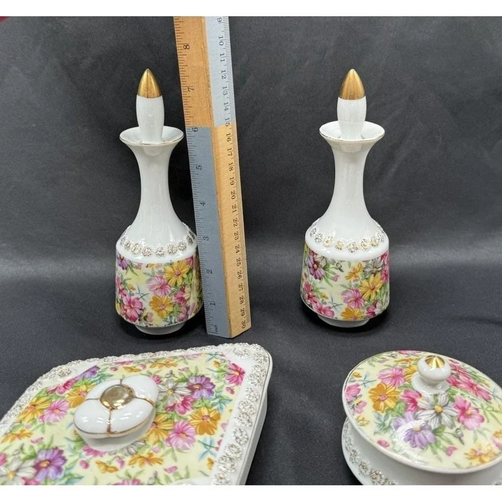 Vintage Tilso Japan Floral Gold Porcelain Dresser Vanity 4 Piece Set Bath Decor
